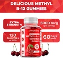 Vitamatic 2 Packs Extra Strength Vitamin B12 5000 mcg (Methyl B12) Gummies - 120 Count - Energy Metabolism Support and Nervous System Health Support, Natural Cherry Flavored 6