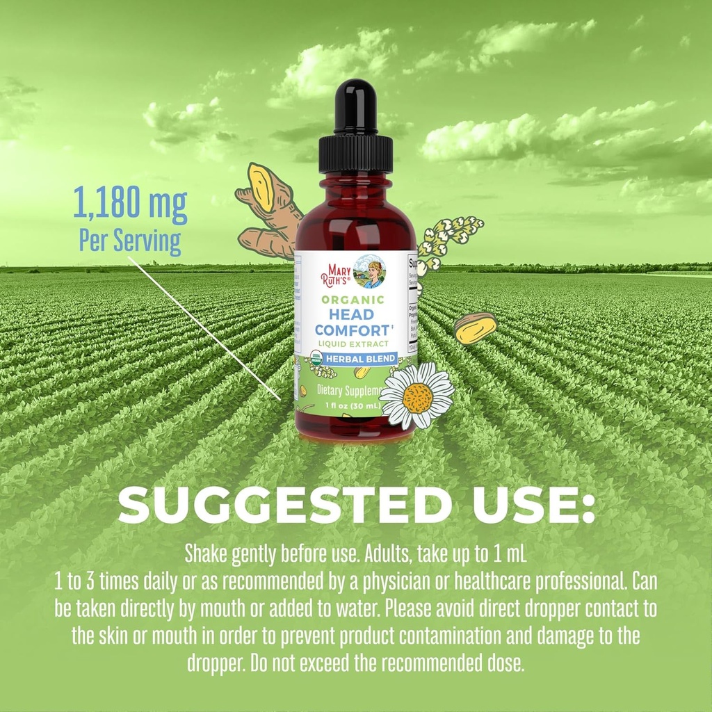 USDA Organic Head Comfort Liquid Extract Herbal Blend by MaryRuth's | Ginger Root | Willow Bark | Feverfew Whole Plant | Meadowsweet |Traditional Herbs | Non-GMO | Vegan | Gluten Free | 1 Fl Oz 6
