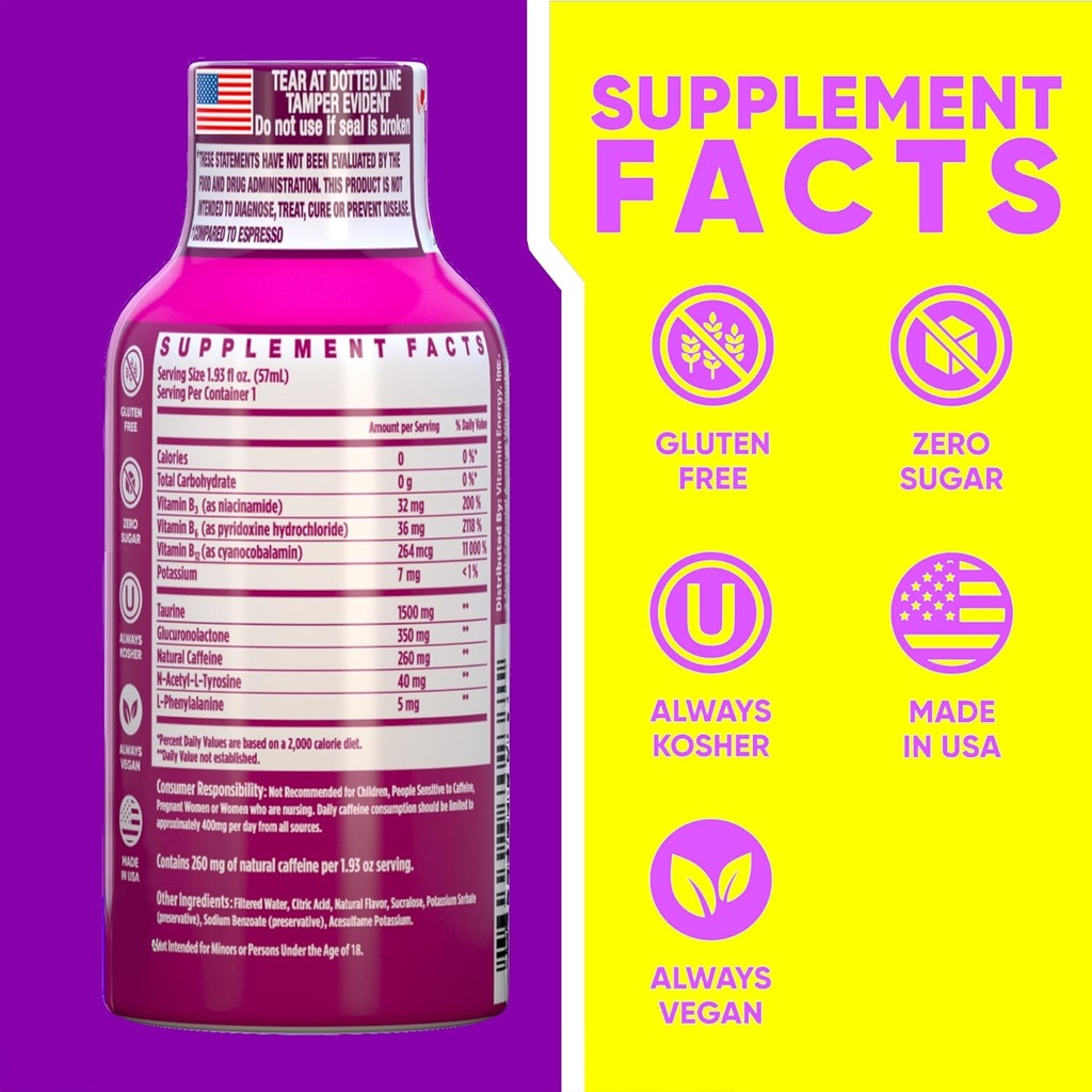 Vitamin Energy B12 11,000% Extra Strength Energy Shot Pink Berry 12 Pack, 260mg Natural Caffeine, B12 & B6, Nootropic Focus, Vitality, Zero Sugar, Gluten-Free, Vegan, Kosher, 1.93 fl oz 3