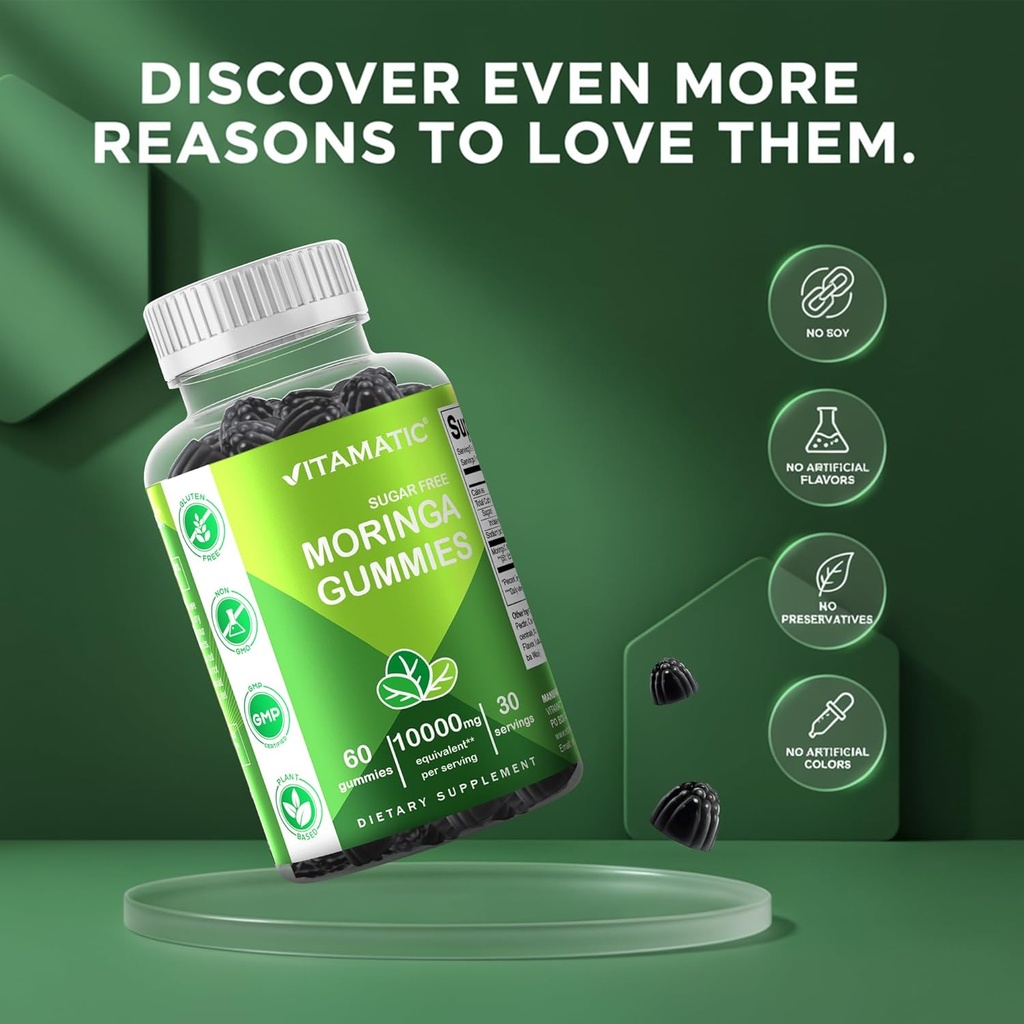 Vitamatic 2 Packs Sugar Free Moringa Gummies- 10000 mg Equivalent Per Serving (from 50:1 Extract 200 mg)- Complete Green Superfood 20X Extract - 60 Pectin Based Gummies 5