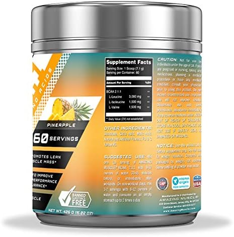 Amazing Muscle BCAA 2:1:1 Branched Chain Amino Acids Supplement | 6000 Mg Per Serving | Pineapple Flavor | 60 Servings 4