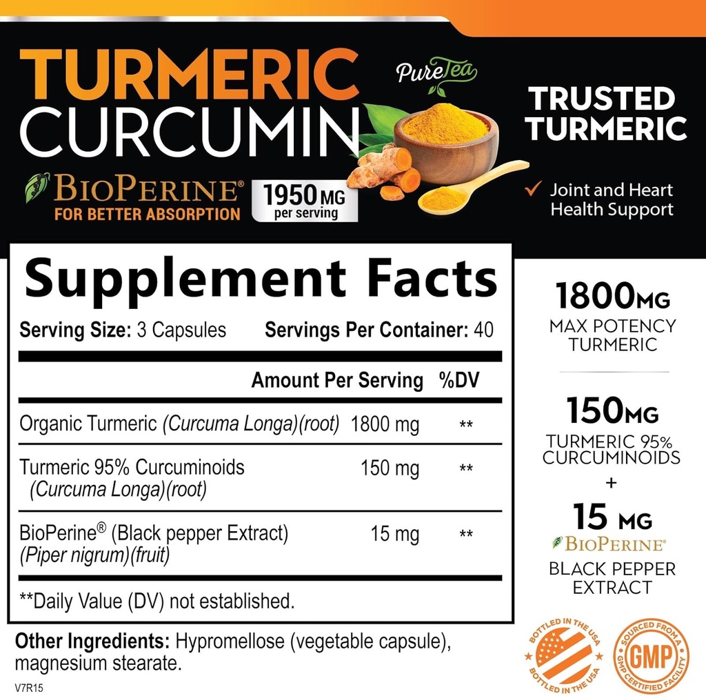 Turmeric Curcumin Supplement with BioPerine 1950mg, 95% Standardized Curcuminoids - Black Pepper for Advanced Absorption, Herbal Joint Support Complex, Nature's Tumeric Extract Non-GMO - 120 Capsules 3