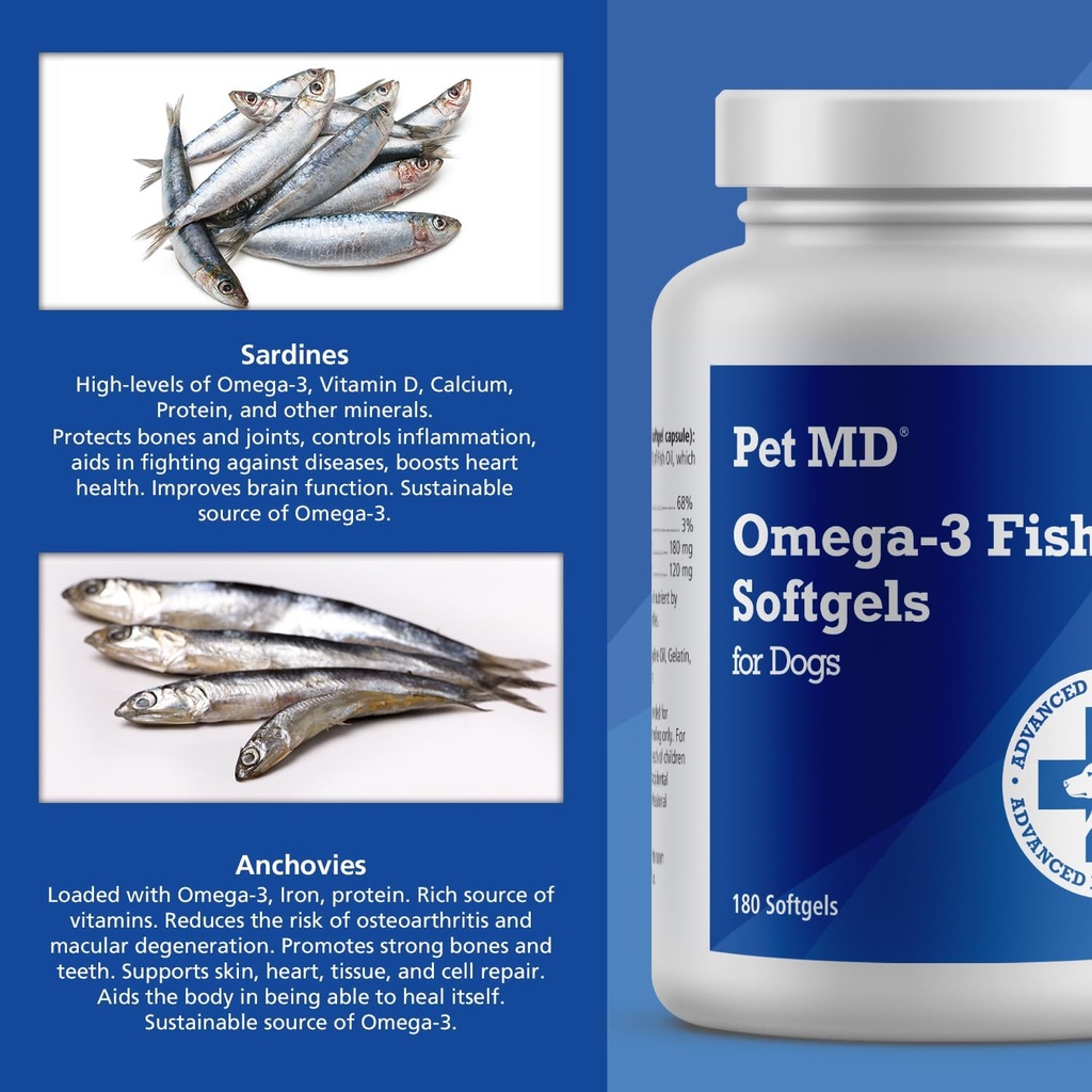 Pet MD – Omega 3 Fish Oil Supplement for Dogs – Skin and Coat Support for Dogs – 180 Softgels 3