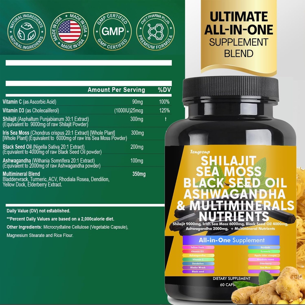 Shilajit Sea Moss Black Seed Oil Ashwagandha Burdock Vitamin C & D3 with Elderberry rhodiola rosea Dandelion Yellow Dock Turmeric ACV 3