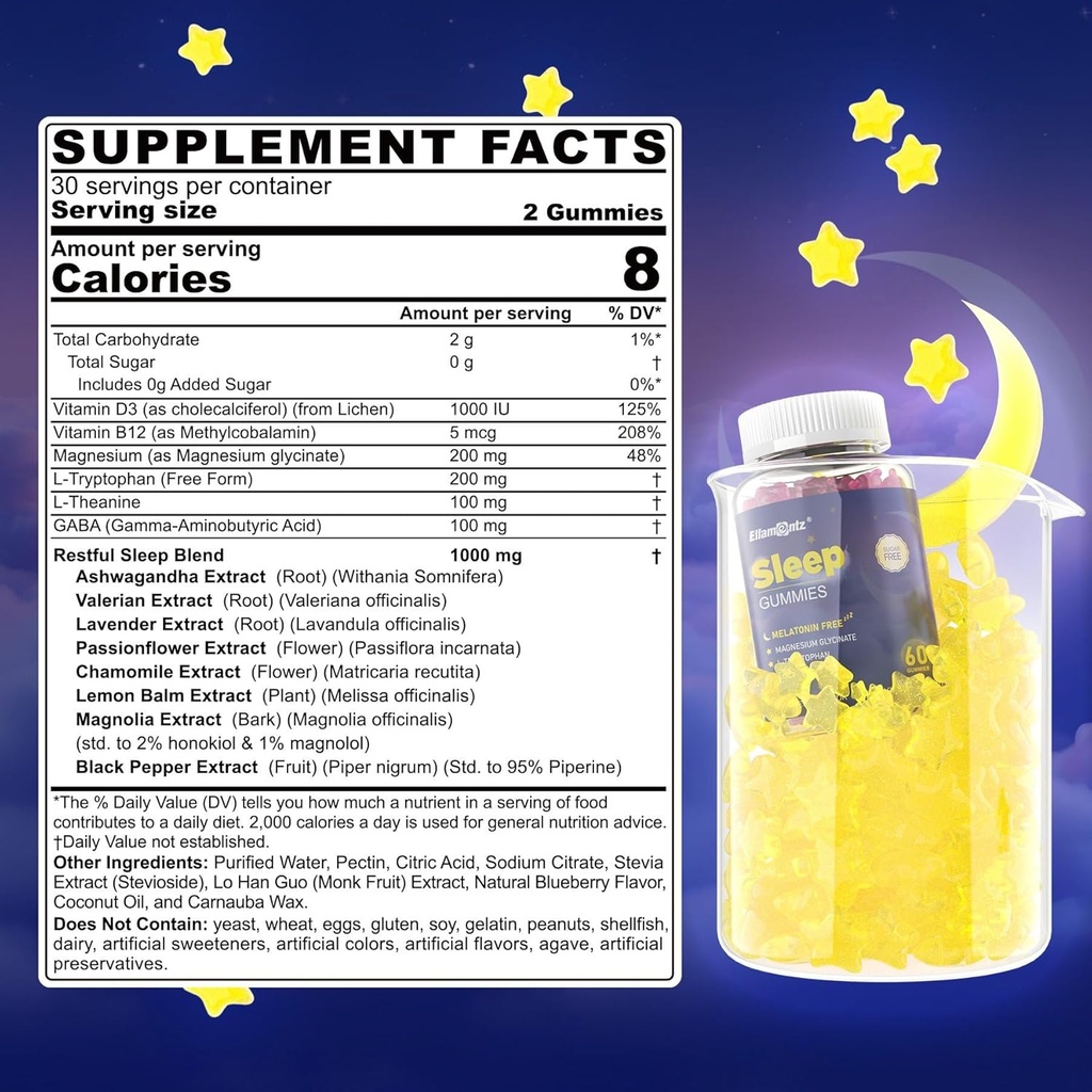 Melatonin Free Sleep Aid Gummies for Adults, Sugar Free Sleeping Gummy No Melatonin, Natural Calm Gummies with Magnesium Glycinate, L-Tryptophan, L-Theanine, GABA, Ashwagandha, Valerian, 120cts 3