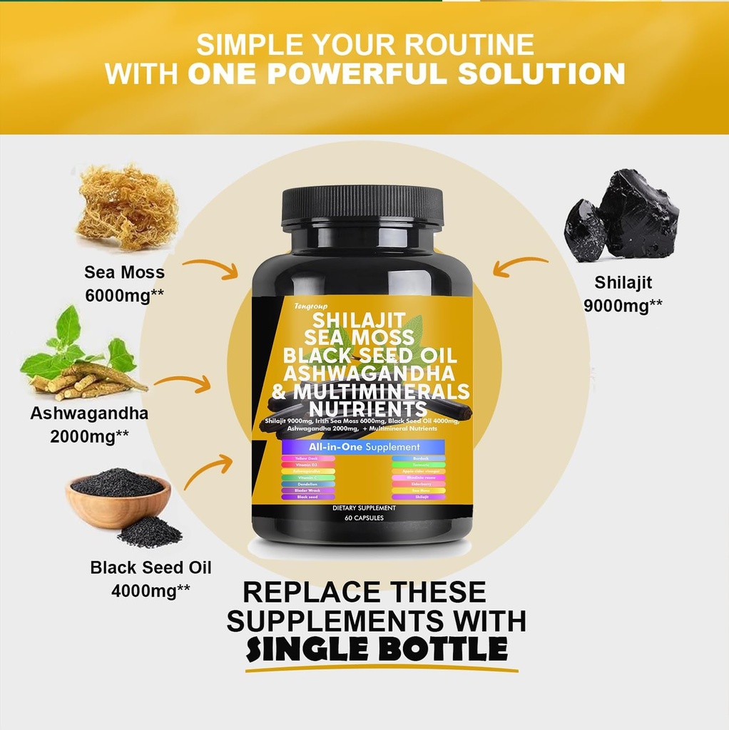 Shilajit Sea Moss Black Seed Oil Ashwagandha Burdock Vitamin C & D3 with Elderberry rhodiola rosea Dandelion Yellow Dock Turmeric ACV 4