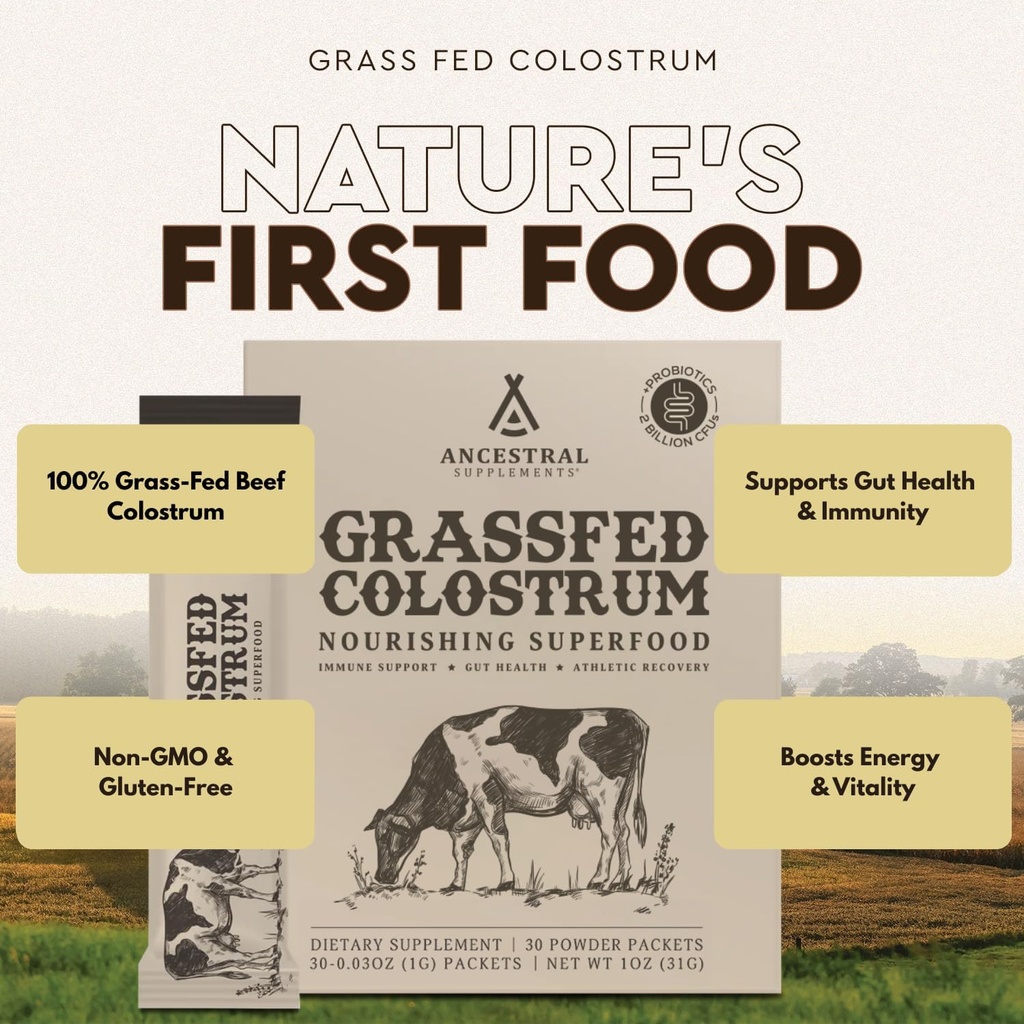 Ancestral Supplements Grass Fed Beef Bovine Colostrum Powder Packets, Immune Support Supplement, Gut, Skin & Hair Health Support Supplements, Promotes Growth and Repair, Non GMO, 30 Sticks, Unflavored 4