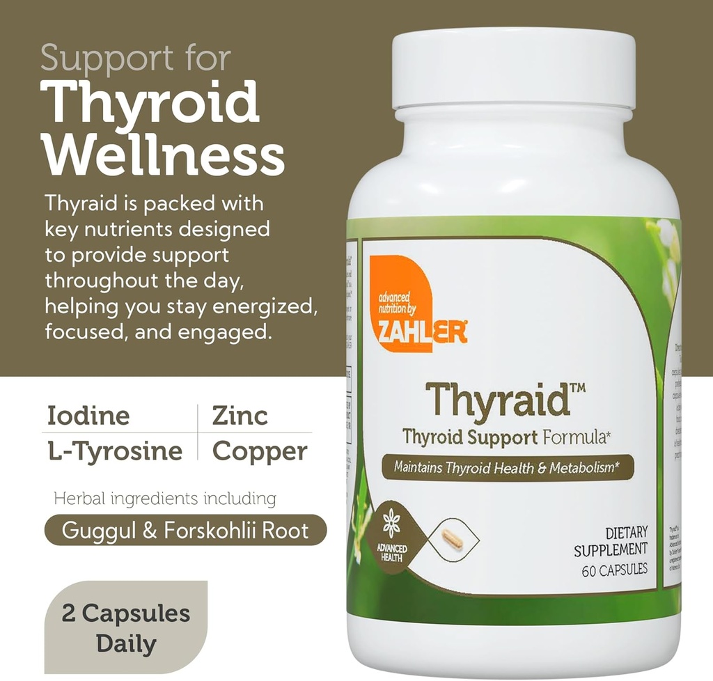 Zahler Thyraid - Thyroid Support Complex with Iodine, Zinc, L-Tyrosine, Ashwagandha, Forskholii - Pure Thyroid Support for Women and Men - Kosher Gluten Free Non-GMO Thyroid Supplement (60 Capsules) 5