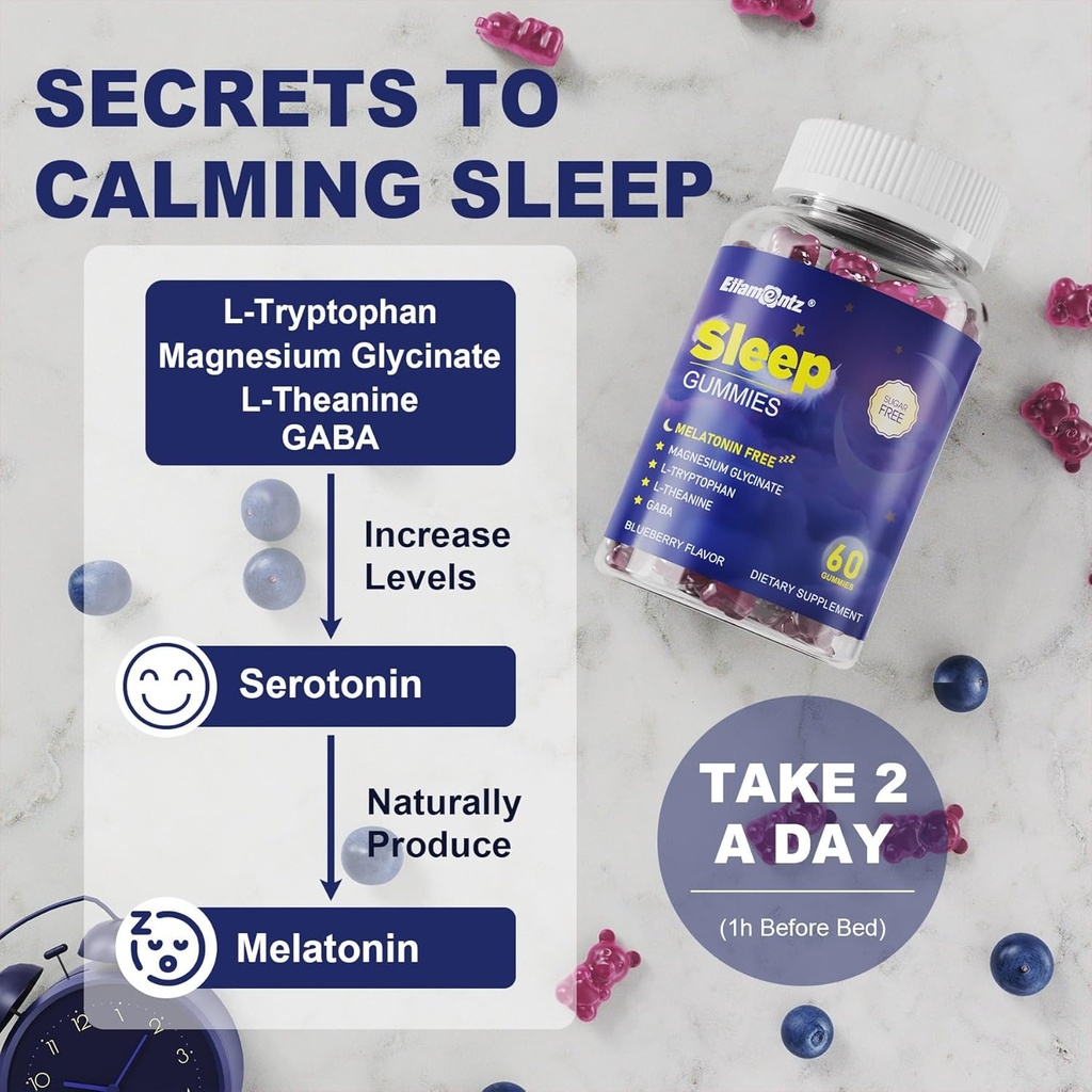 Melatonin Free Sleep Aid Gummies for Adults, Sugar Free Sleeping Gummy No Melatonin, Natural Calm Gummies with Magnesium Glycinate, L-Tryptophan, L-Theanine, GABA, Ashwagandha, Valerian, 120cts 5