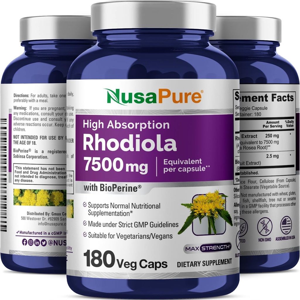NusaPure Rhodiola Rosea 7,500mg 180 Veggie Capsules (Non-GMO, Extract 30:1, Vegan & Gluten-Free) Bioperine 6