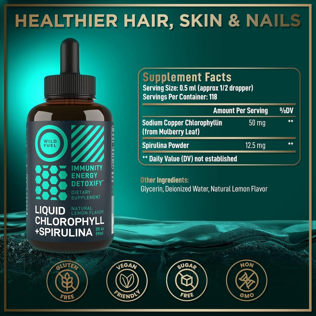 Liquid Chlorophyll Drops with Spirulina for Water - Full Strength Energy, Wellness, Immune Support Supplement - 50mg Chlorophyll Liquid, 12.5mg Spirulina - Lemon Flavor Detox Drink - 2oz, 118 Servings 4