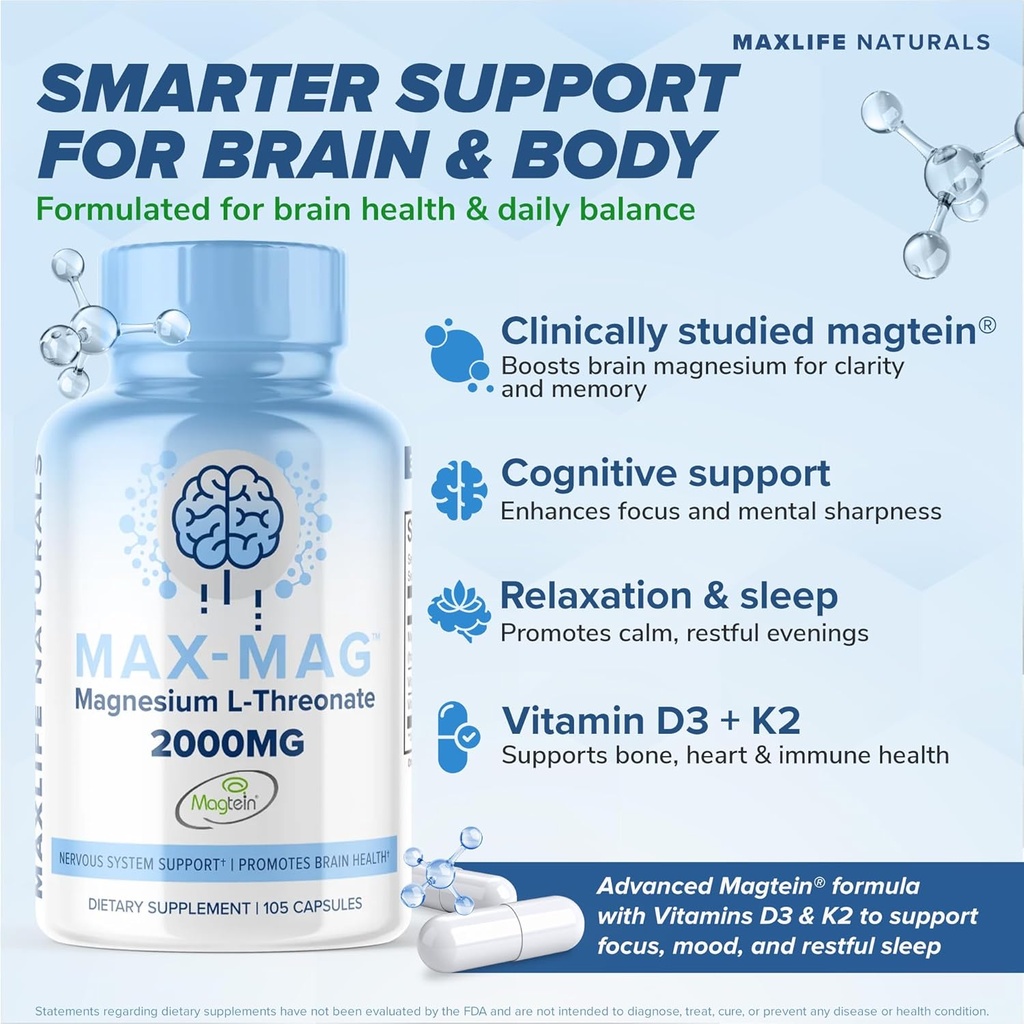 Max-Mag Magnesium L-Threonate Supplement - 105 Capsules Made in USA- Magtein 2000mg Complex with Vitamin D3 and K2 for Sleep, Mood & Brain Magnesium L Threonate Capsules Nutrition by MaxLife Naturals 3