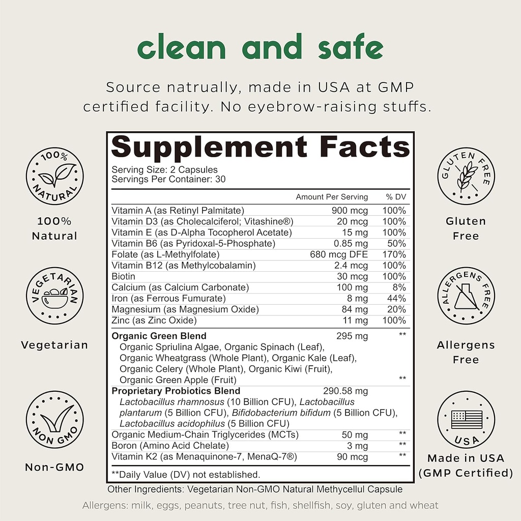 Zenkgo Women's Vitamins + Probiotics 25B CFU + Organic Whole Foods, Supports Immunity, Digestion, Energy, Daily Vitamins A, E, B6, B12, Vegan D3, K2 (MK-7), Folate, Minerals, Superfoods(60Ct/30Day) 3