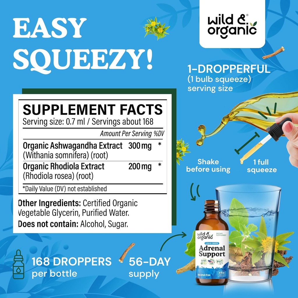 Wild & Organic Adrenal Support Drops for Positive Outlook - Natural Adrenal Support Supplements for Women and Men - Vegan, No Sugar & Alcohol - 2-Month Supply - 4 fl oz 4