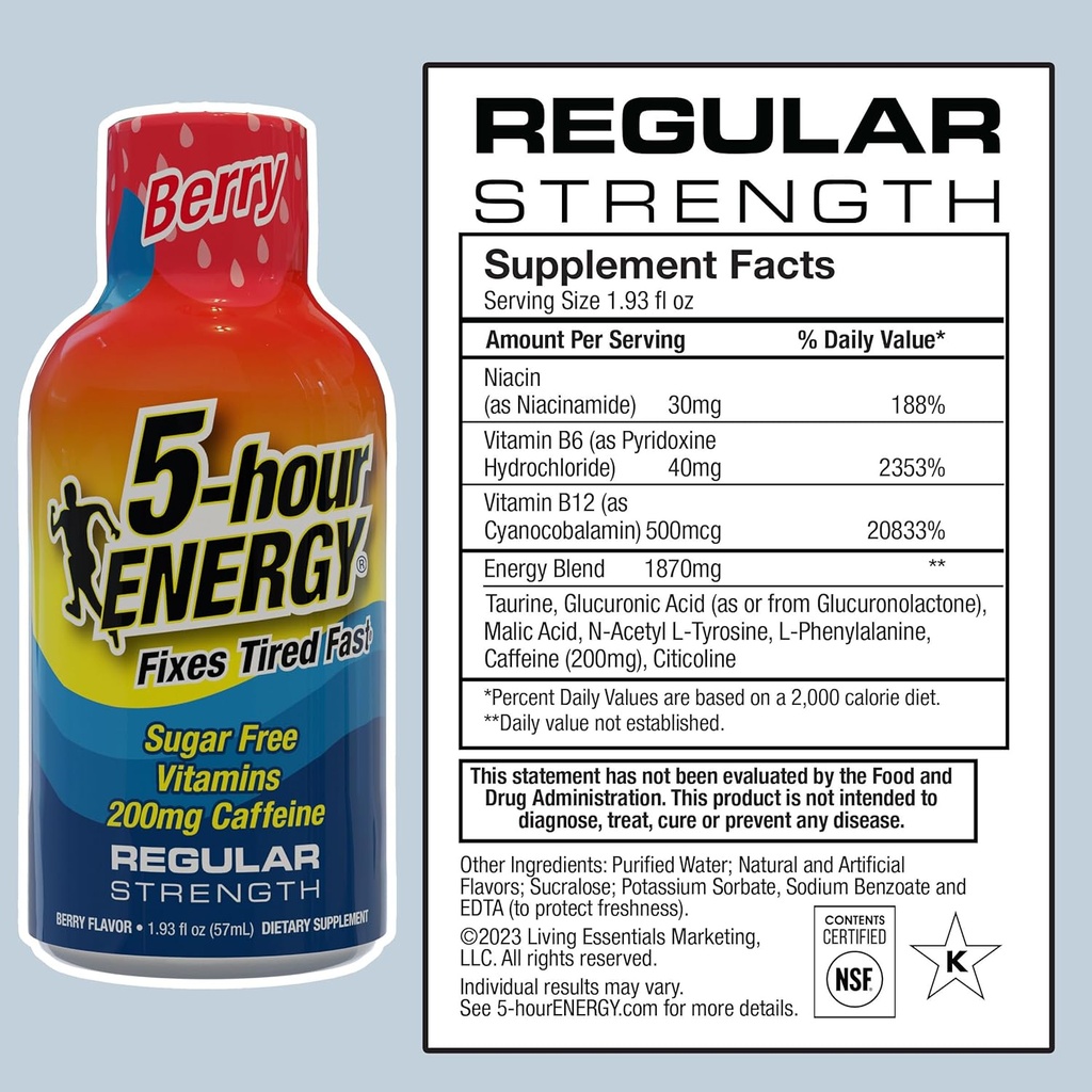 5-hour ENERGY Regular Strength Energy Shot, Berry Flavor (1.93 oz., 24 Count) Zero Calories & Sugar-Free 200 mg Caffeinated Shot, Amino Acids & B Vitamins, Dietary Supplements 3