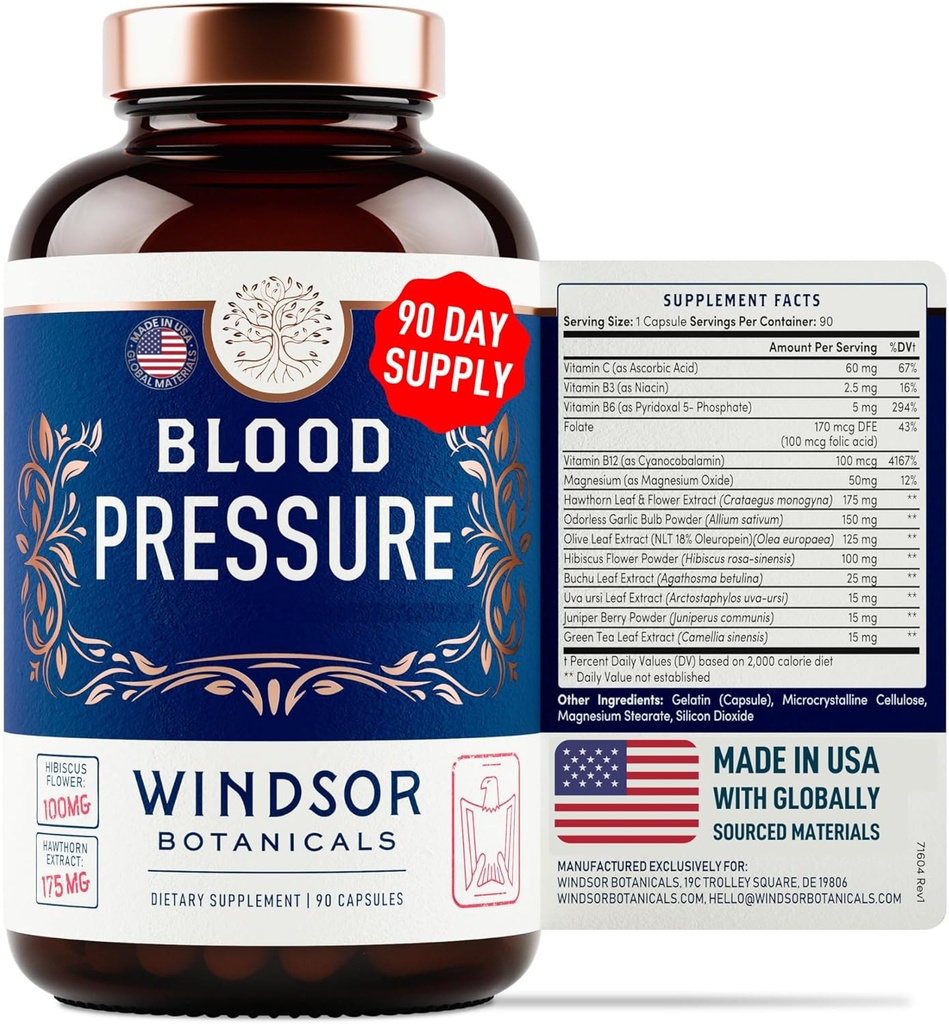 Blood Pressure Support Supplement - Green Tea, Hibiscus, Hawthorn, Garlic - Blood Pressure Vitamin, Mineral and Activated Naturals - 3 Month Supply, 90 Capsules 2