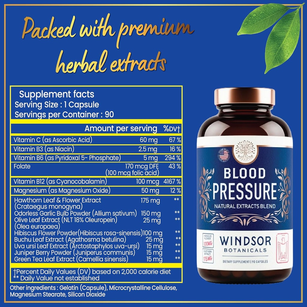 Blood Pressure Support Supplement - Green Tea, Hibiscus, Hawthorn, Garlic - Blood Pressure Vitamin, Mineral and Activated Naturals - 3 Month Supply, 90 Capsules 6