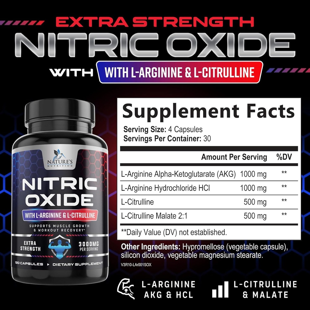 Nitric Oxide Booster Extra Strength 3000mg - 3X Strength L-Arginine & Citrulline, Best Nitric Oxide Supplements for Men, Supports Muscle, Heart Health, Energy Supplement, Bottled in USA, 120 Capsules 3