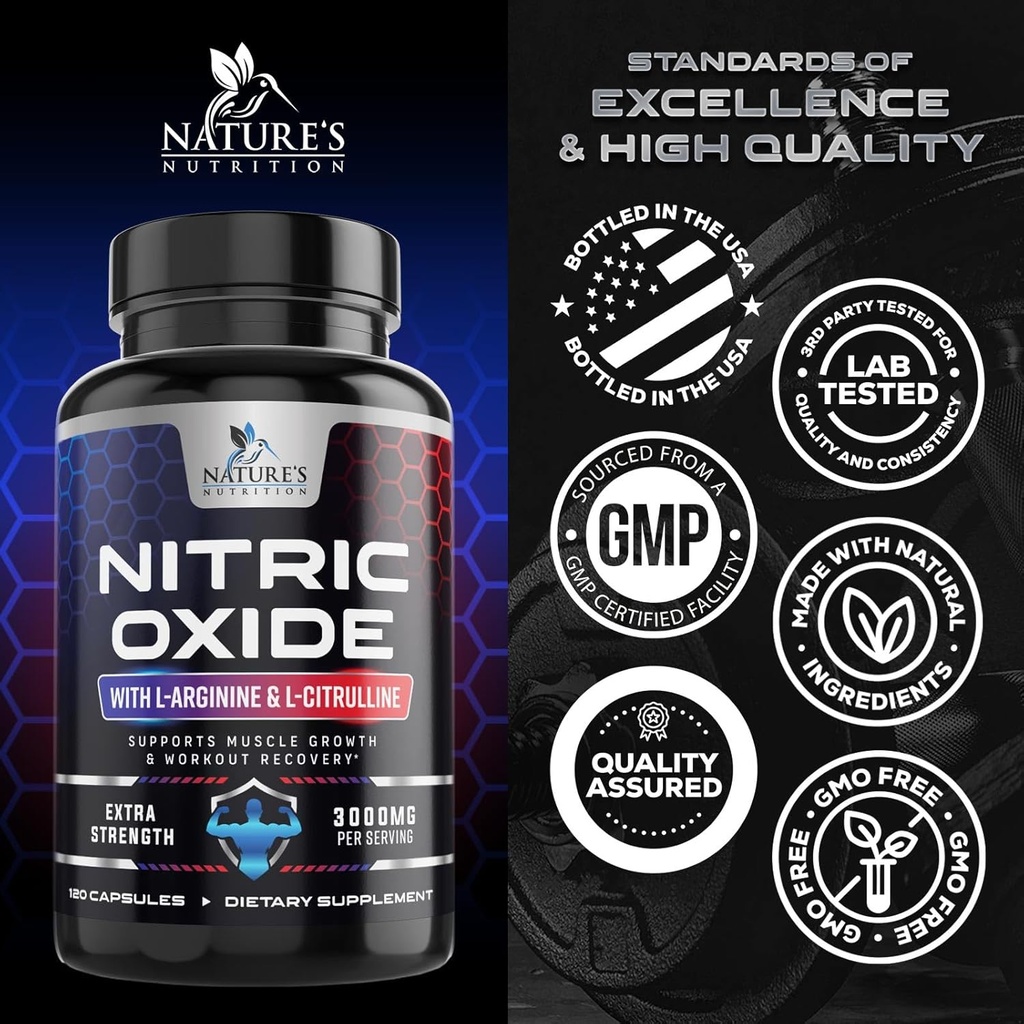 Nitric Oxide Booster Extra Strength 3000mg - 3X Strength L-Arginine & Citrulline, Best Nitric Oxide Supplements for Men, Supports Muscle, Heart Health, Energy Supplement, Bottled in USA, 120 Capsules 5