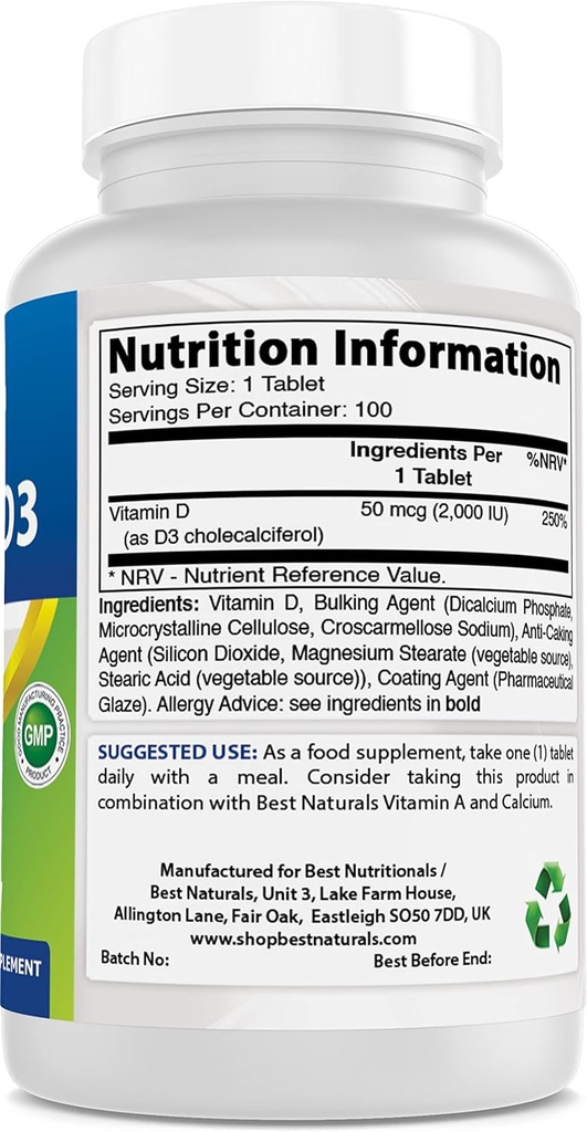 Best Naturals Vitamin D3 2000 IU (50 mcg) - 100 Tablets - 100 Days Supply - Helps Support Immune Health, Strong Bones and Teeth, & Muscle Function (100 Count (Pack of 1)) 3