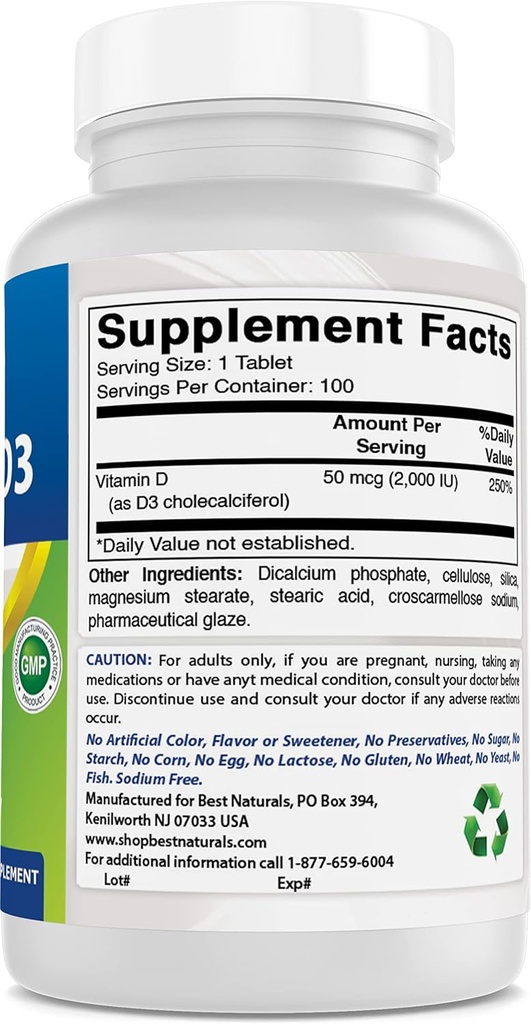Best Naturals Vitamin D3 2000 IU (50 mcg) - 100 Tablets - 100 Days Supply - Helps Support Immune Health, Strong Bones and Teeth, & Muscle Function (100 Count (Pack of 1)) 6