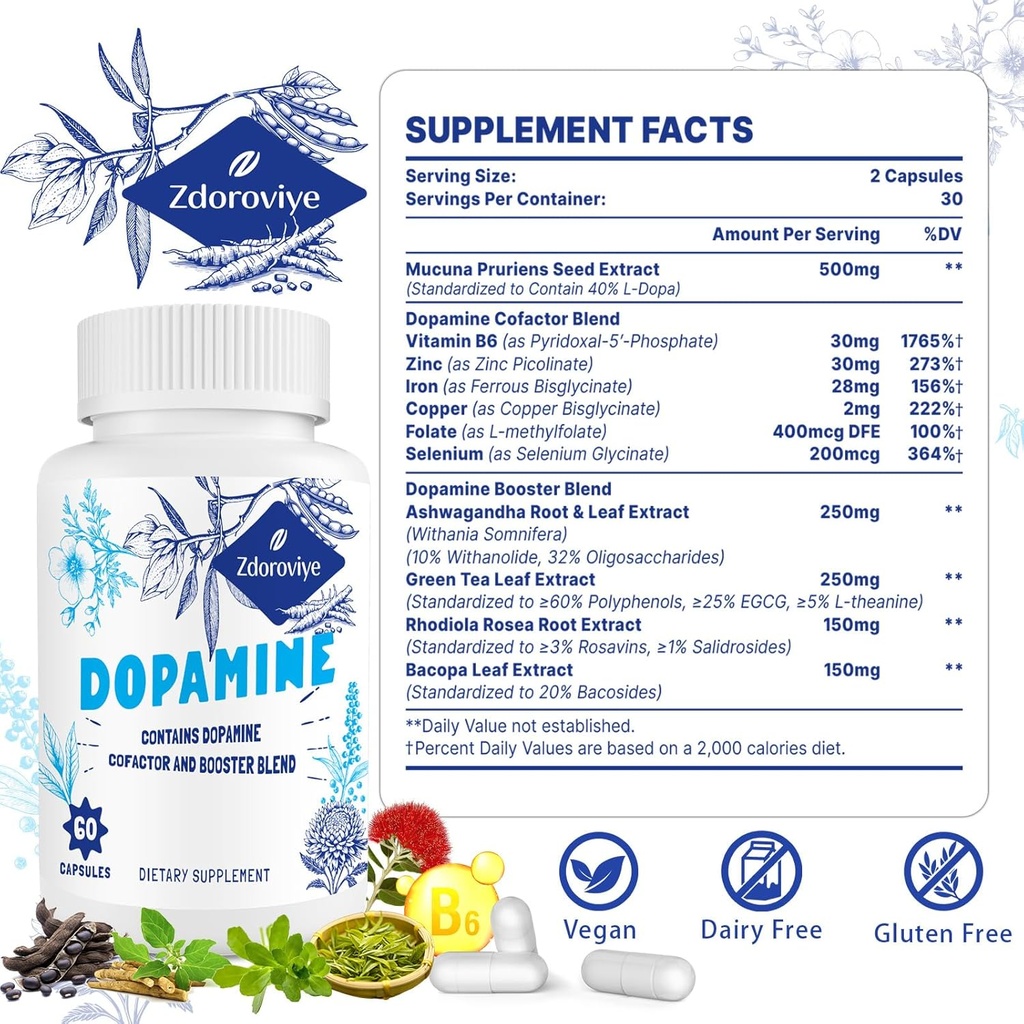 Dopamine Supplements for Men and Women - Contains 500mg Mucuna Pruriens Extract (40% L-DOPA) - 60 Capsules (2 Pack) 3
