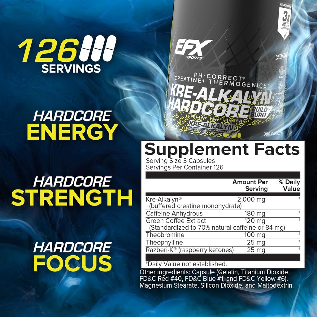 EFX Sports Kre-Alkalyn Hardcore | Thermogenic pH Correct Creatine Monohydrate Pill Supplement | Energy & Strength Pre Workout | 126 Servings, 380 Capsules 4