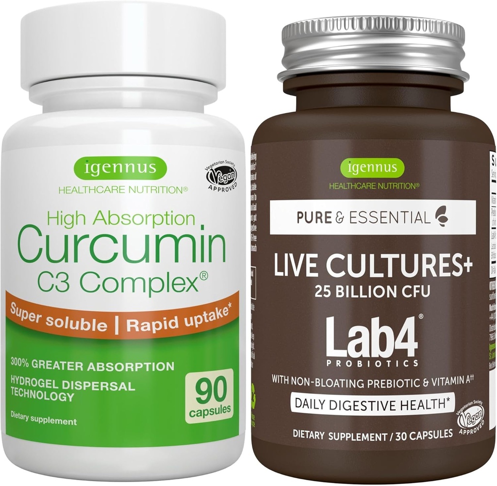 Live Cultures+ Lab4 Probiotics + High Absorption Curcumin C3 Complex Vegan Bundle, 25 Billion CFU Probiotic, Non-Bloating Prebiotic + 300% Greater Absorption Curcuminoids with Rapid Uptake, By Igennus 2