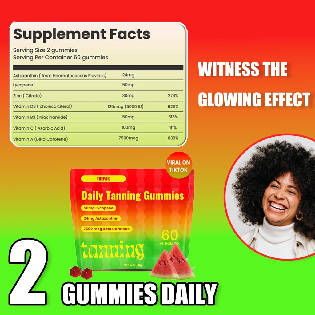 60 Pcs Natural Tanning Gummies, Astaxanthin 24mg Lycopene 50mg Plus Beta Carotene 7500 mcg, Best Astaxanthin Supplements for Skin Health & Glow, Non-GMO, Sour Watermelon Flavor 3