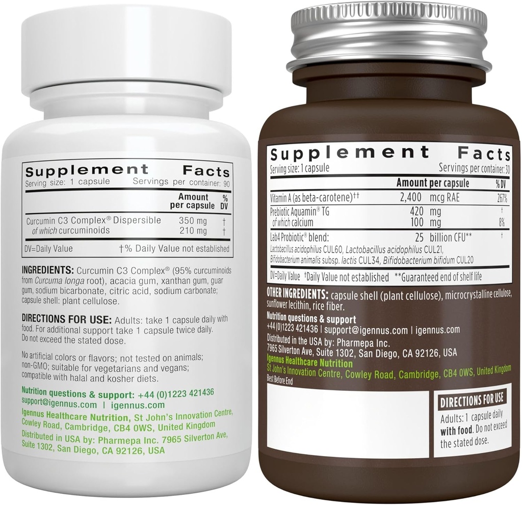Live Cultures+ Lab4 Probiotics + High Absorption Curcumin C3 Complex Vegan Bundle, 25 Billion CFU Probiotic, Non-Bloating Prebiotic + 300% Greater Absorption Curcuminoids with Rapid Uptake, By Igennus 6