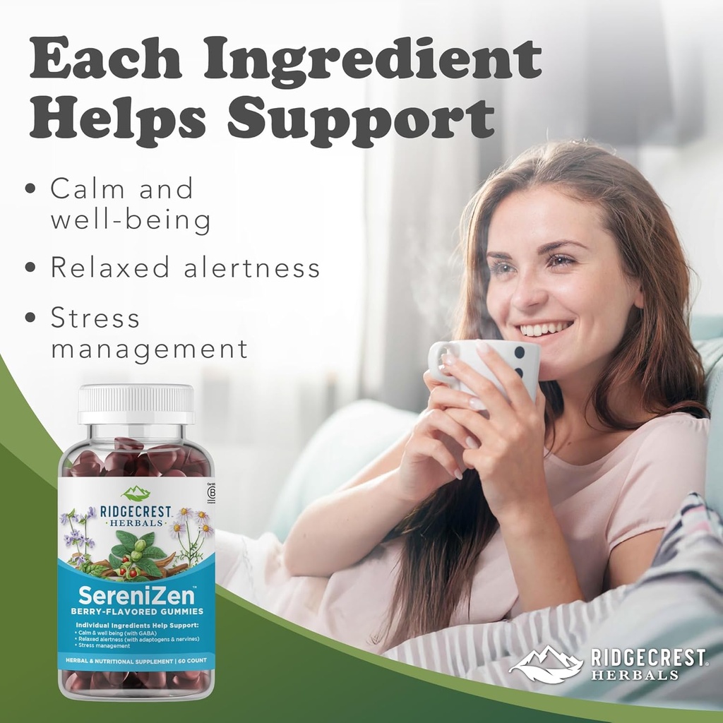 RidgeCrest Herbals SereniZen Gummies with Ashwagandha, GABA, L-Theanine, Chamomile & Lemon Balm, Supports Relaxation & Calm, Stress Management, Sleep. Daily Health Supplement, 60 Ct, 1-2 Month Supply 3