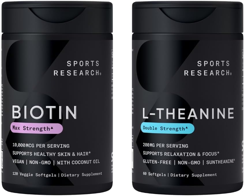 Sports Research Vegan Biotin 10,000mcg with Coconut Oil Max Strength Vitamin B7 120 Softgels (4 Month Supply) and Double Strength L-Theanine Supplement for Focus, Relaxation & Alertness 200mg 60 Count 2