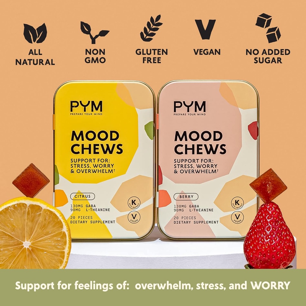 PYM Berry Mood Chews Support for Stress, Worry & Overwhelm, 120 Count | 130mg GABA, 90mg L-Theanine | Vegan, Non-GMO, Gluten-Free, No Added Sugar | All-Natural Mood Balance Supplement Made in USA 4