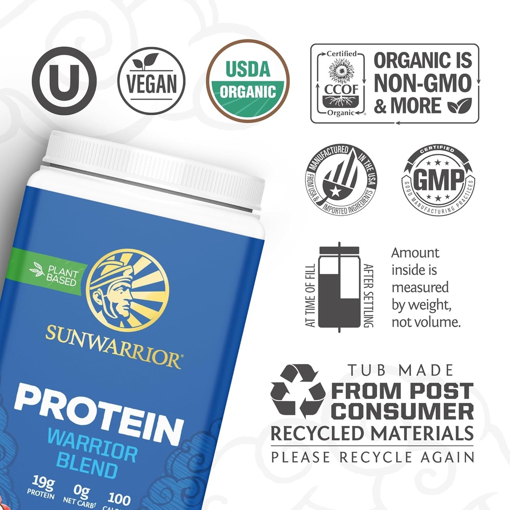 Vegan Organic Protein Powder Plant-based | BCAA Amino Acids Hemp Seed Soy Free Dairy Free Gluten Free Synthetic Free NON-GMO | Unflavored 30 Servings | Warrior Blend by Sunwarrior 4