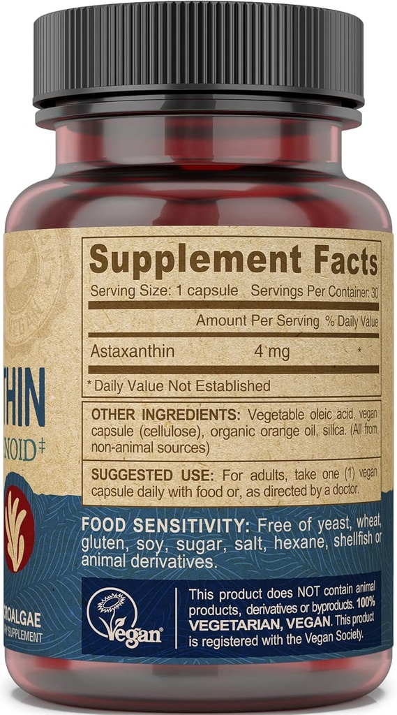 Deva Nutrition Vitamins Astaxanthin 4mg, Vegan, Made from Haematococcus Pluvialis Microalgae, 30 Capsules, 1-Pack 4