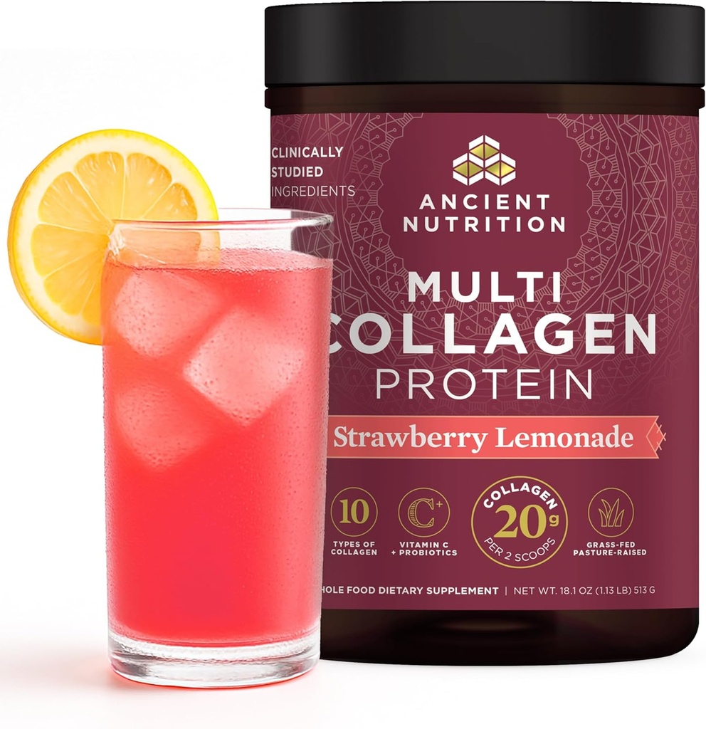 Ancient Nutrition Hydrolyzed Collagen Peptides Powder with Probiotics, Strawberry Lemonade Multi Collagen Protein for Women and Men with Vitamin C, 45 Servings, Supports Skin and Nails, Gut Health, 18 2