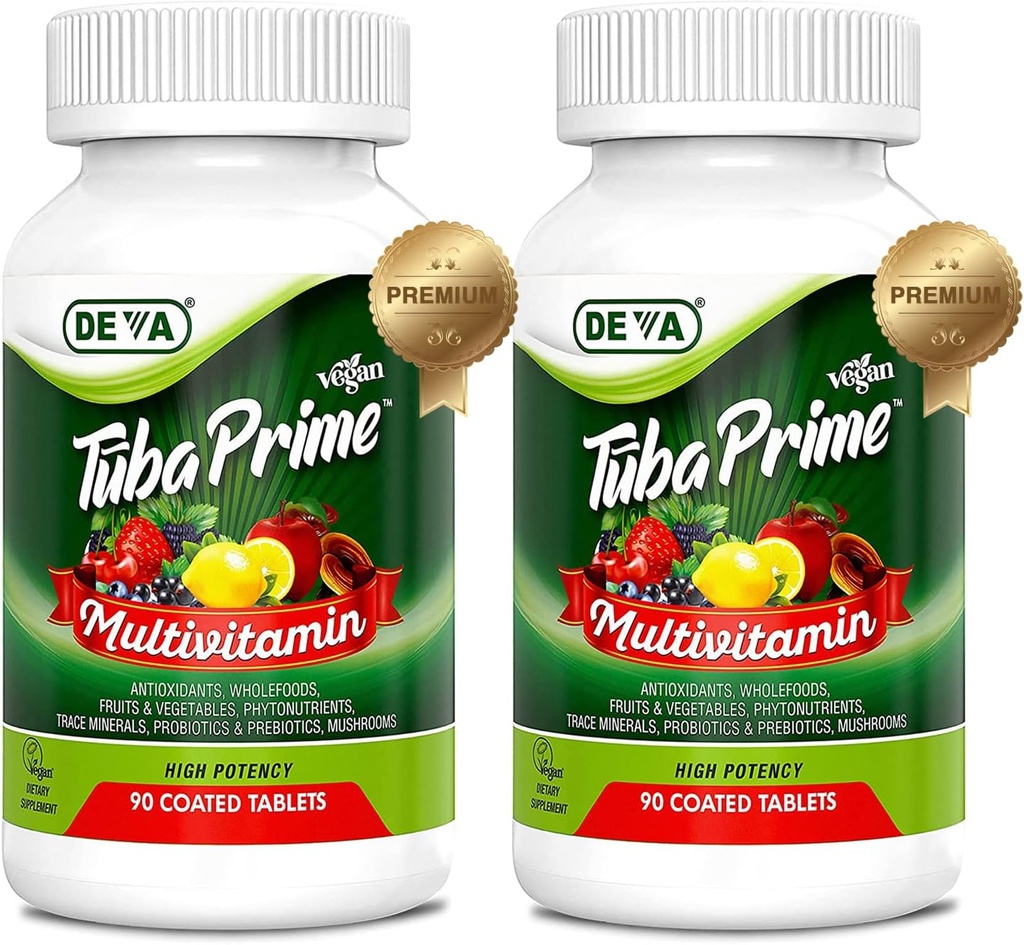 DEVA Tuba Prime Vegan Multivitamin High-Potency Vitamin and Mineral Dietary Supplement Antioxidants, Fruit and Vegetable Blend, Super Mushrooms, Probiotics, Prebiotics, Seeds, Herbs - 90 Tabs, 2-Pack 2
