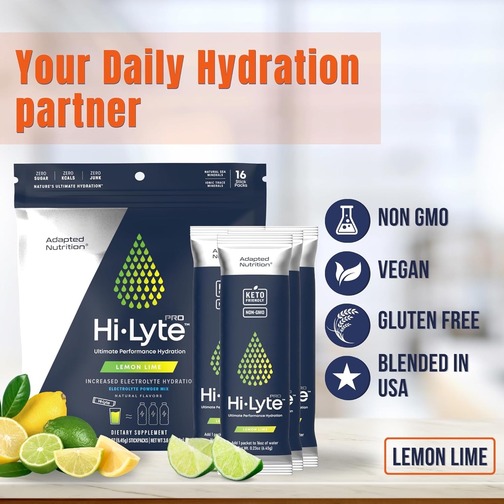 Adapted Nutrition Hi-Lyte Pro Hydration Packets - 16 Individual Drink Packets | Lemon Lime | Flavored Electrolyte Powder | Sugar-Free, Zero Carb, Zero Calorie 6