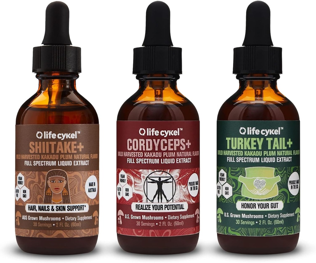 LIFE CYKEL AM Bundle- Energy Support, Immune System Support, Hair Skin & Nails Health- 100% Organic Mushrooms- Cordyceps Turkey Tail & Shiitake w/ Kakadu Plum, Made in the US, Non-GMO - 3 ct(2oz each) 2