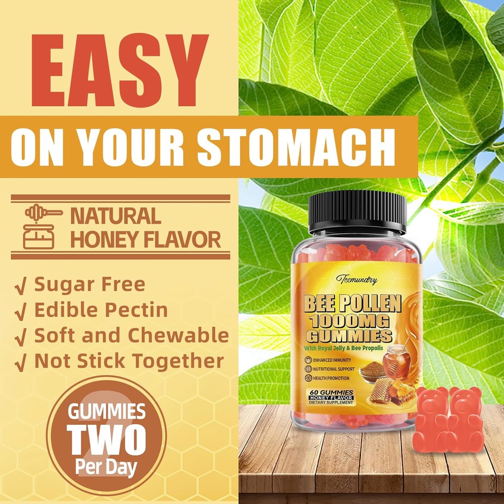 Bee Pollen 1000MG Gummies with 500MG Royal Jelly & Bee Propolis, Sugar Free Bee Pollen Supplement Rich in Vitamin C & E, Vegetarian, Non-GMO, Gluten Free, Support Immunity & Skin Health 5