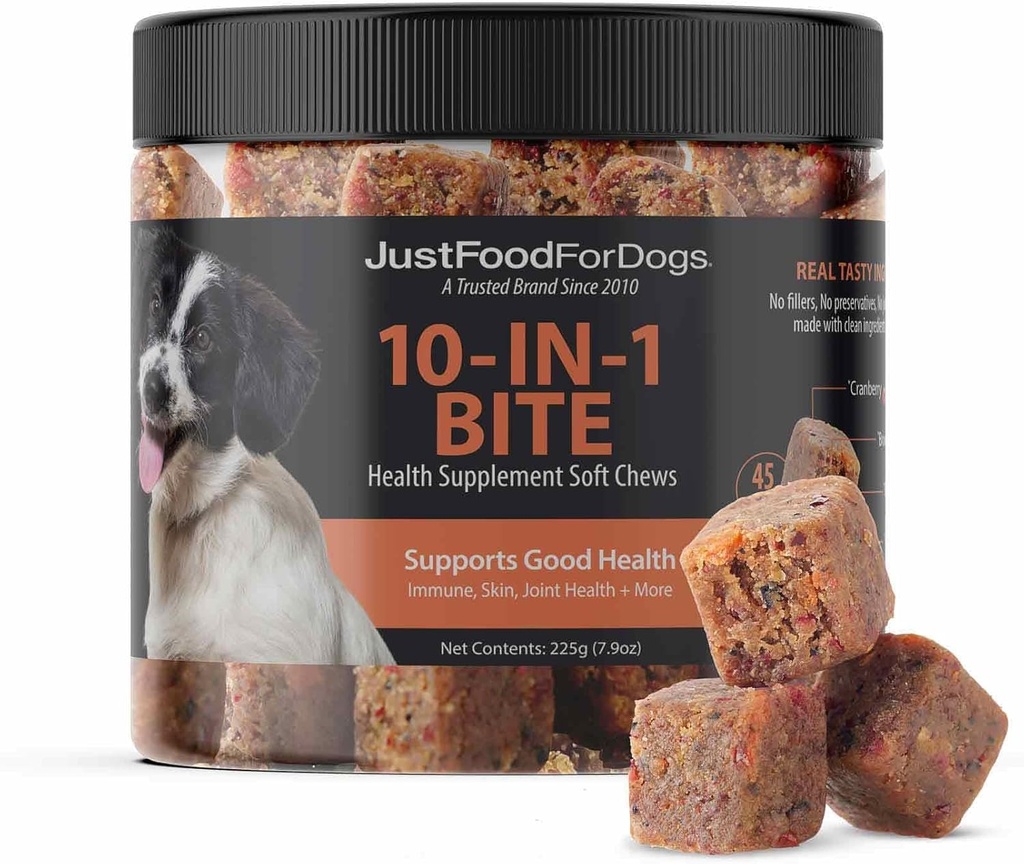 JustFoodForDogs 10-in-1 Multifunctional Supplement Chews for Dogs, Superfood Blend, Glucosamine, Omega-3 Fatty Acids, Skin Health, Joint Health, Probiotics, Plant-Based, Human Grade - 45 Count 2