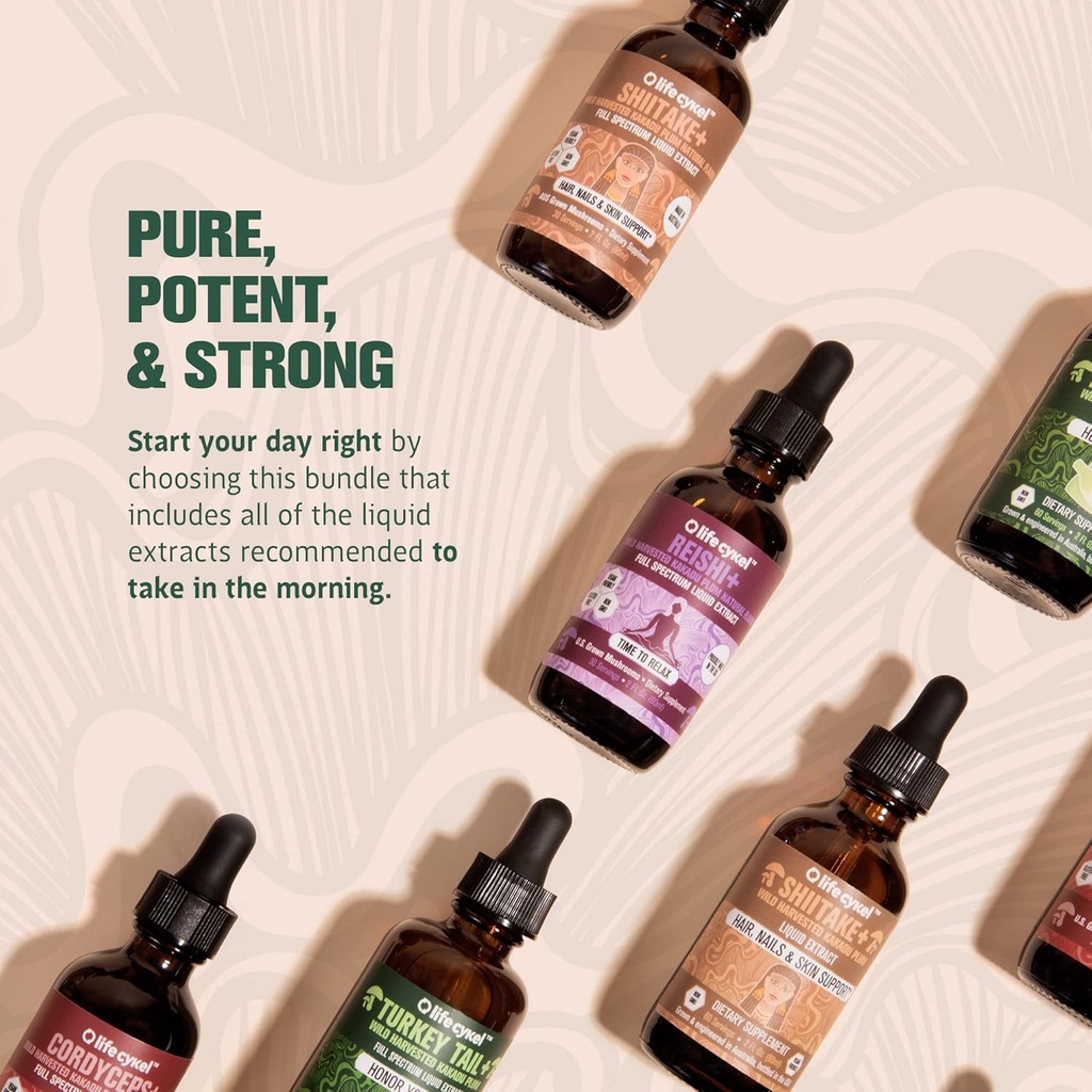 LIFE CYKEL AM Bundle- Energy Support, Immune System Support, Hair Skin & Nails Health- 100% Organic Mushrooms- Cordyceps Turkey Tail & Shiitake w/ Kakadu Plum, Made in the US, Non-GMO - 3 ct(2oz each) 3