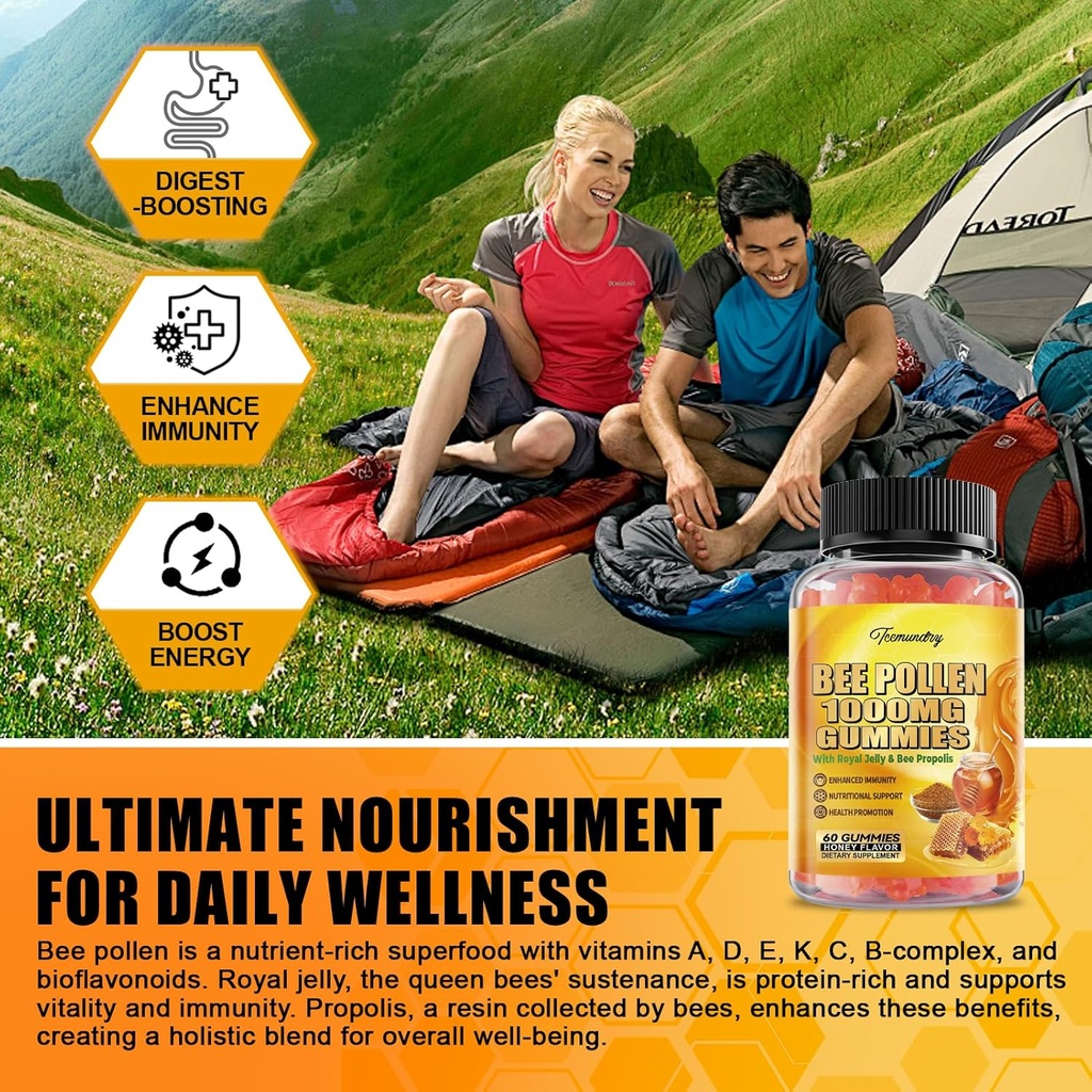 Bee Pollen 1000MG Gummies with 500MG Royal Jelly & Bee Propolis, Sugar Free Bee Pollen Supplement Rich in Vitamin C & E, Vegetarian, Non-GMO, Gluten Free, Support Immunity & Skin Health 6