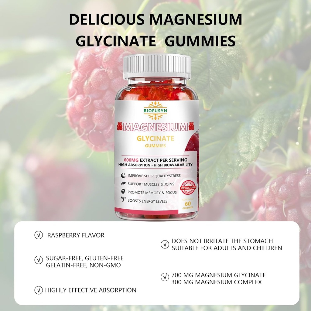 Magnesium Glycinate Gummies 600mg : Sugar-free Gummy Bears With Magnesium, Vitamin D, B6, and CoQ10 for Calm Support & Sleep for Adults & Kids,L-Threonate Multivitamin,Raspberry Flavor 60Count 6