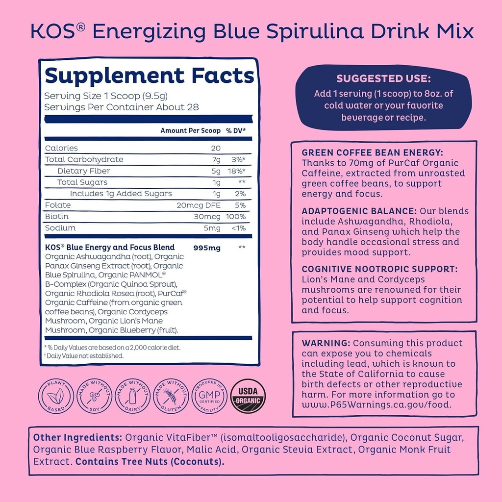 KOS Energizing Blue Spirulina Blend - USDA Certified Organic - B Vitamins, Ashwagandha, Ginseng, Adaptogens, Biotin - Vegan Pre Workout Powder - Caffeinated, Berry Flavored, 28 Servings 4