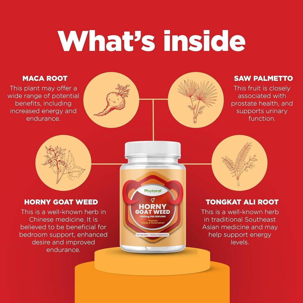 Pure Horny Goat Weed Extract with Maca Powder – Immune Support – Helps Increase Drive and Stamina – Booster for Men and Women Tongkat Ali Plus L-Arginine Increases Energy – 60 Capsules 6