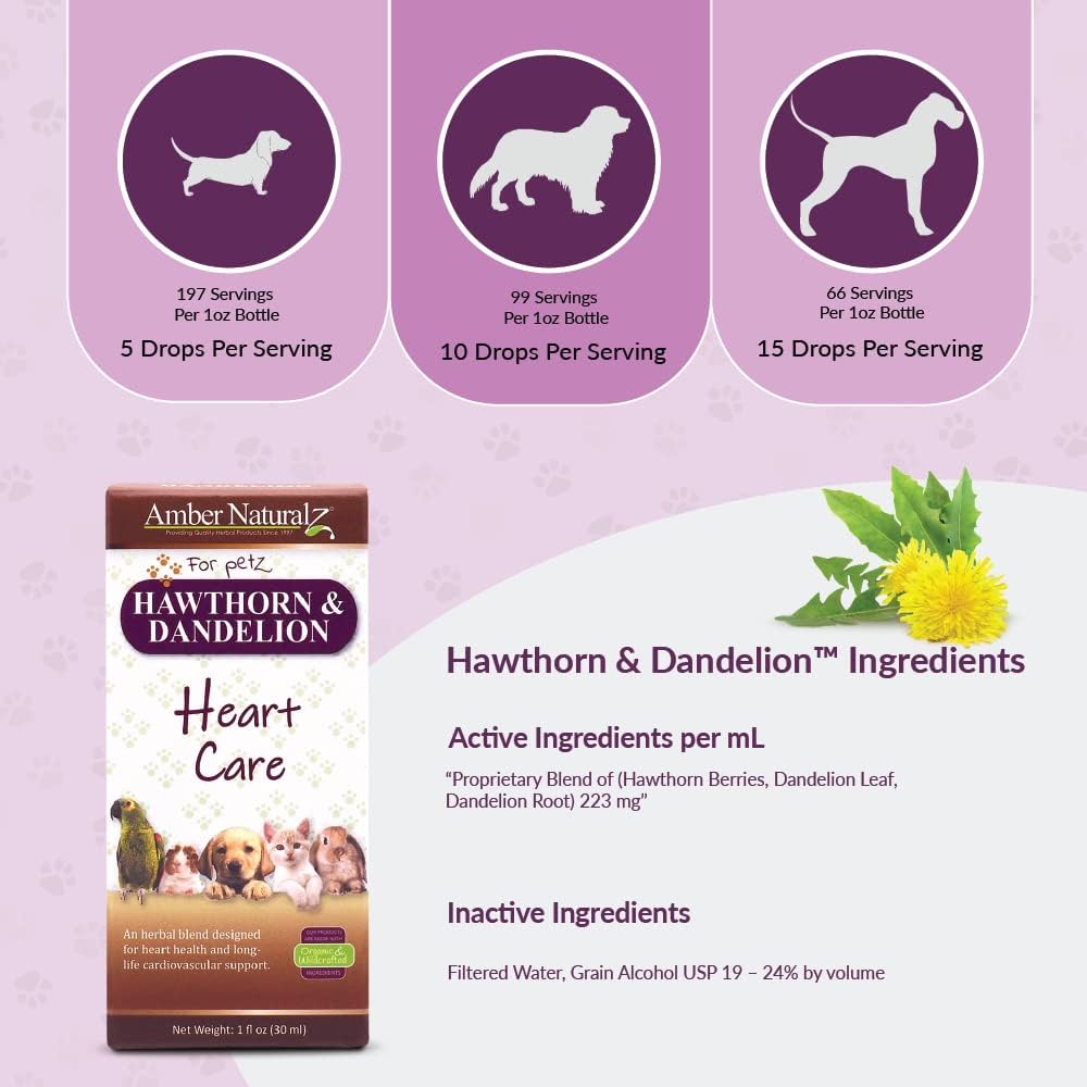 Amber NaturalZ Hawthorn & Dandelion Herbal Supplement for Dogs, Cats, Birds, Rabbits, and Guinea Pigs | Supports Heart Health, Circulation, and Fluid Balance | Natural Cardiovascular Care 5