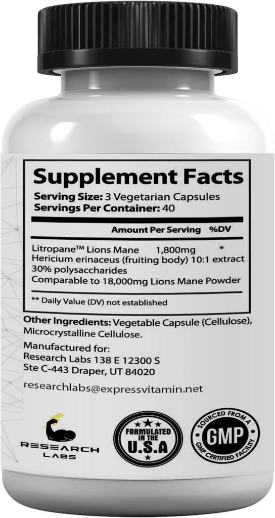 Research Labs Organic Lions Mane Supplement Capsules, 120 Capsules w/Patent Litropane™, Immune System Booster & Nootropic Brain Support Mushroom Supplement. 10X Extract comparable to 18,000mg 5