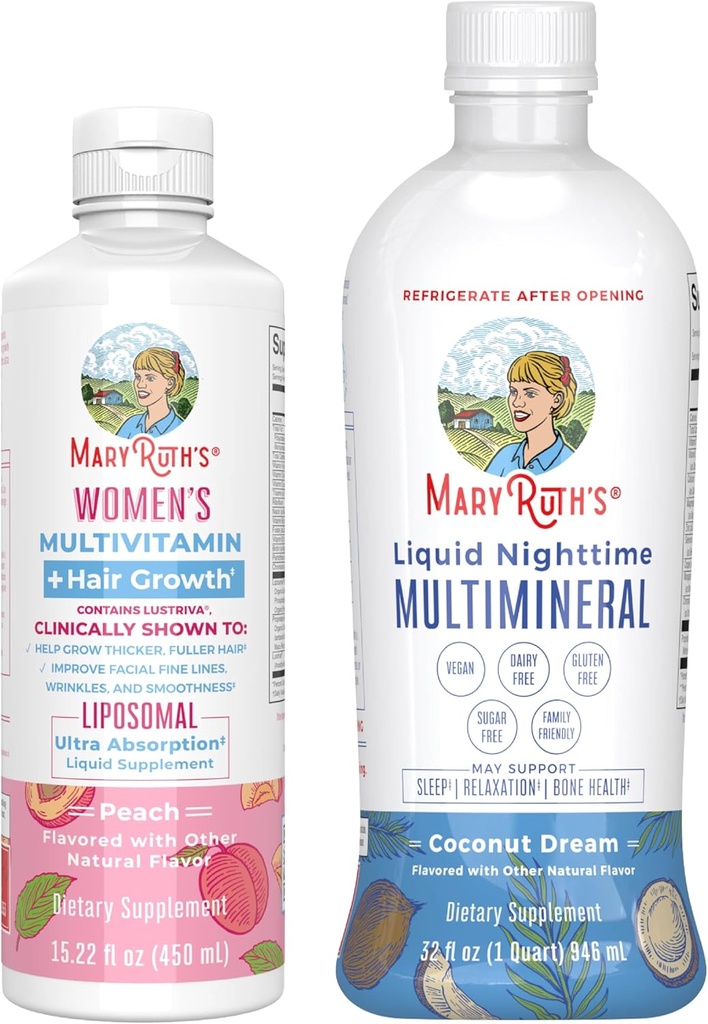 MaryRuth's Women's Multivitamin + Hair Growth Liposomal (Peach) & Liquid Nighttime Multimineral (Coconut, 15oz) | Clean Label Project Verified® | Vegan | Beauty, Bedtime Routine, & Overall Health 2
