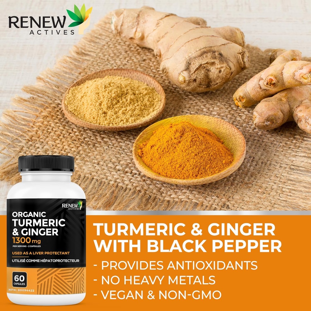 Renew Actives Turmeric Curcumin 1000MG & 200MG Ginger per 2 Capsules - Potent Antioxidant with Bioperine & Black Pepper Blend for Digestive & Liver Health - Made in Canada - 60 Capsules 5